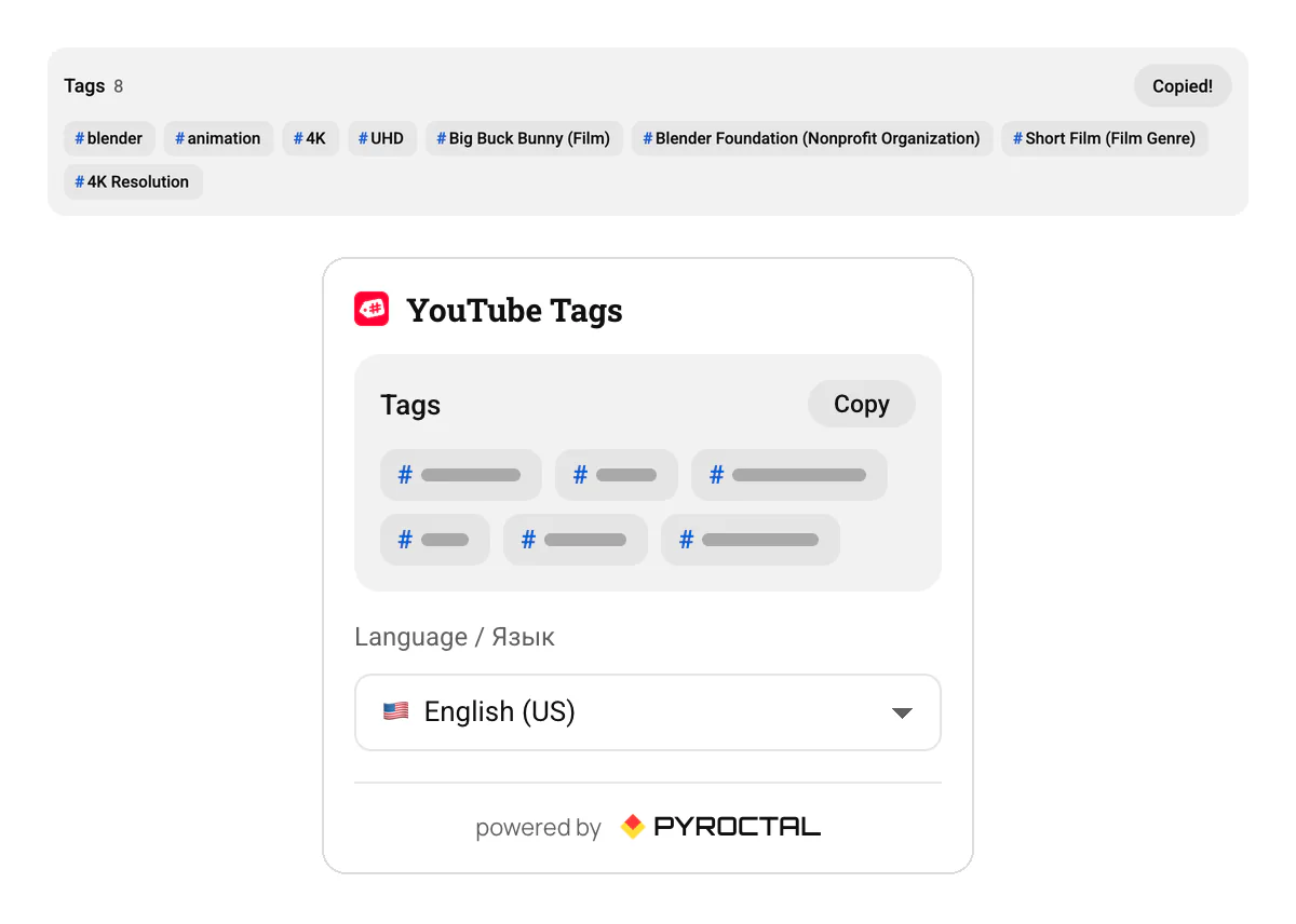 The YouTube Tags panel under a video with eight tags and a Copied! button, and the extension popup with a preview of the panel and a language menu